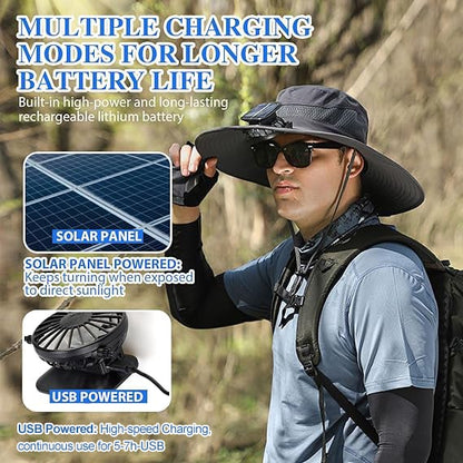 🔥Father's Day Sale 49% OFF - Wide Brim Solar Fan Outdoor Fishing Hat-Solar & USB Charging
